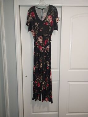 J for Justify Black Floral V‑Neck Jumpsuit with Red and Cream Roses